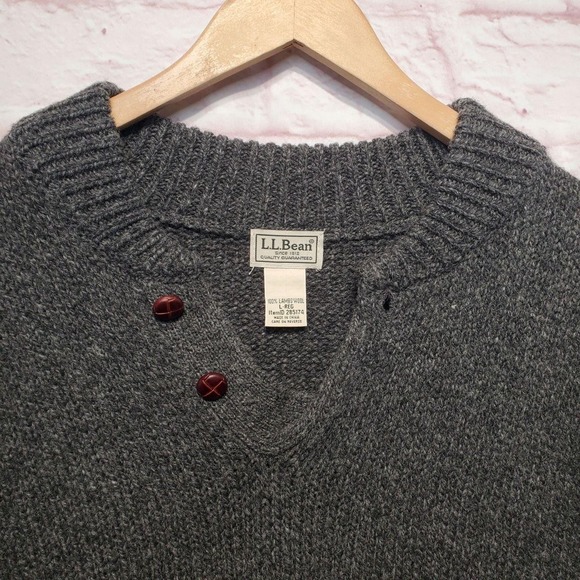 L.L. Bean Gray Lambswool Henley Sweater Heavy Thick Knit Mens Large Heritage - Picture 4 of 9